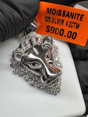 925 Sterling Silver with Rhodium 4.00 CTW VVSD Moissanite Lion Pendant